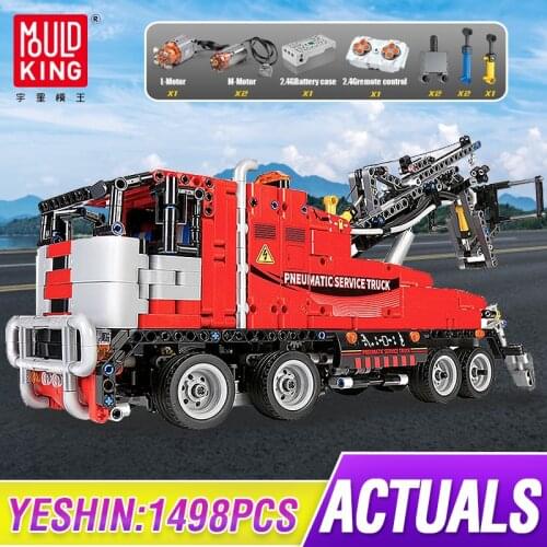 MOULD KING 19001 Motorized RC Version Pneumatic Service Truck Building Blocks Recovery Service Car Bricks Toys For Children