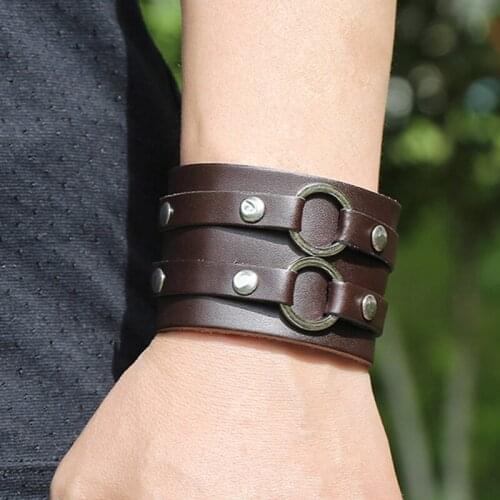 Fashion Double Belt Leather Wrist Friendship Big Wide Bracelet For Men Circle Buckle Vintage Punk Jewelry