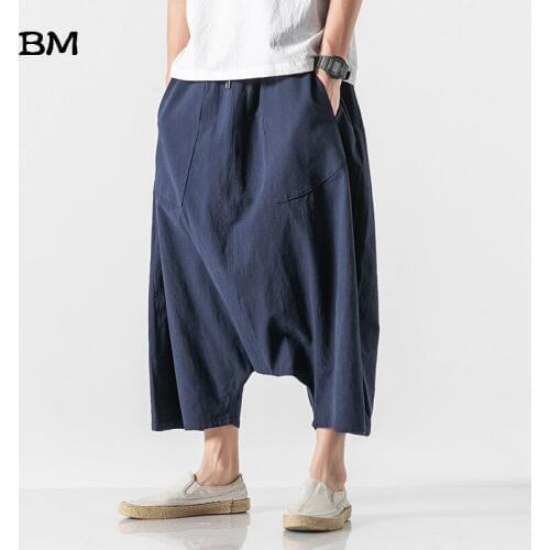 Fashion Loose Crotch Pants Men Chinese Style Plus Size Harem Pants 5XL 2020 Linen Casual Pants Japanese Harajuku Nine Pants Male