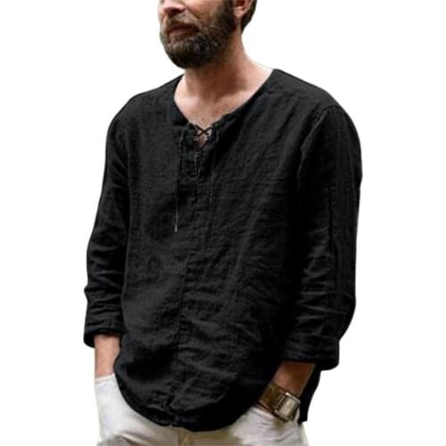 2021 Summer Men Tshirt Casual Solid Color Loose Male T-shirt Front Lace Up Top V Neck Long Sleeve Thin Pullover Tee Shirt