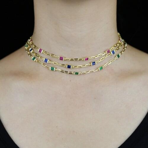 2020 New Square CZ Choker fashion Gold Color Link Chain baguette green cz fashion jewelry cute cz pendant necklace for women