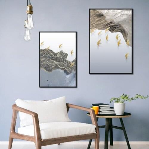 New Chinese Style Abstract Line Landscape Bird Simple Light Luxury Living Room Bedroom Office Decoration Painting