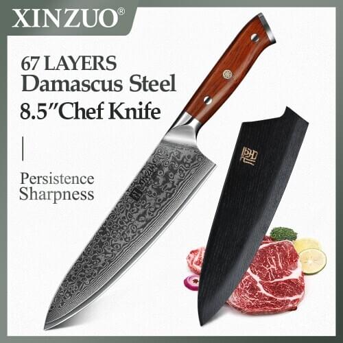 XINZUO 8.5'' Chef Knife Japanese Damascus Forged Steel Kitchen Knife Professional Gyutou Knives Stainless Steel Rosewood Handle