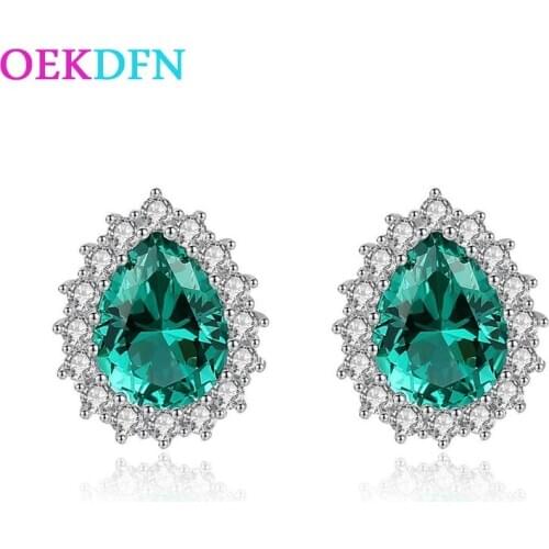 OEKDFN 100% 925 Sterling Silver Stud Earrings For Women Pear Emerald Sapphire Smoky Quartz Gemstone Fine Jewelry Gift