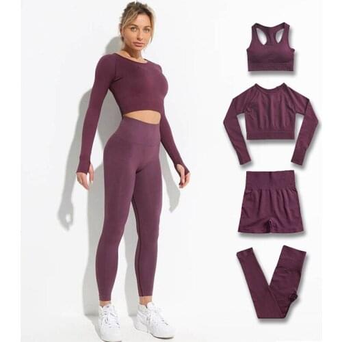 2/3/4PCS Sports Suits Seamless Women Yoga Set Workout Sportswear Gym Clothing Fitness Long Sleeve Crop Top High Waist Leggings