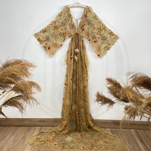 Embroidery Flower Tulle Boho Photo Shoot Pregnant Robe Maternity Dress Evening Party Costume for Women Photography Accessories