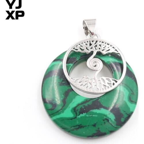 YJXP Silver Plated Safety Buckle Round Hollow Malachite Stone Pendant Tree of Life Fashion Jewelry