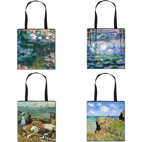 Monet Lotus / Water Lily Vintage Painting Totes Bag Women Canvas Handbags Ladies Shoulder high-capacity bookbag