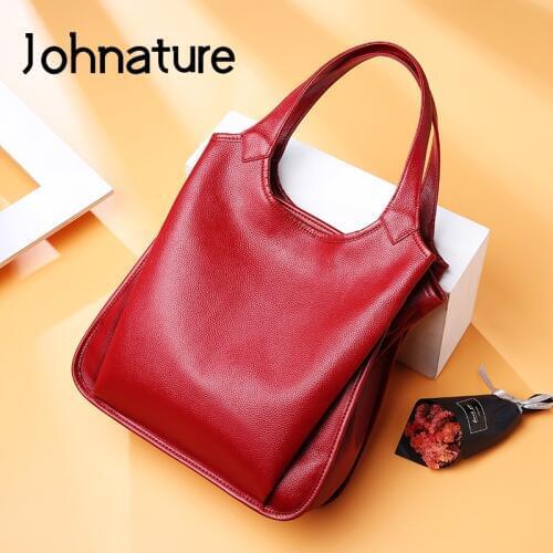 Johnature Leisure Cowhide Luxury Handbags Women Bags 2020 New Genuine Leather Solid Color Large Capacity Zipper Shoulder Bags