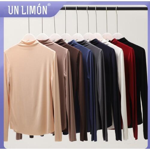 UNLIMON Women Long Sleeve New Style Korean Style Seamless Modal Solid Color High Collar Top
