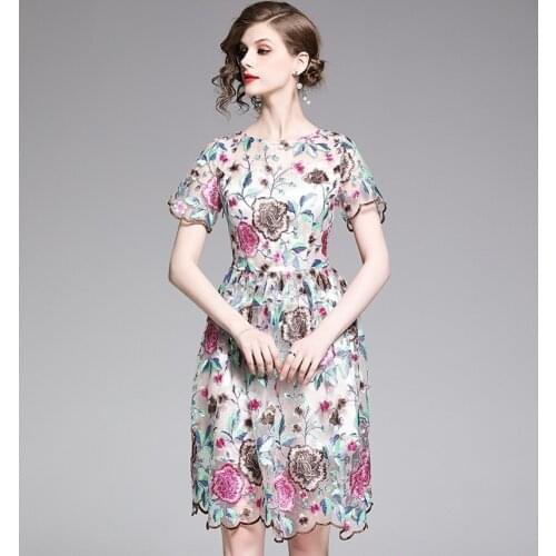 Gorgeous Flower Embroidery Hollow Out Slim Women Elegant Short Sleeve O-Neck Party 2021 Summer Knee Length Mesh Dress Vestidos