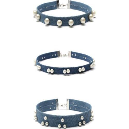 2017 Blue Denim Choker Necklace For Women New Jeans Collar Choker Cute Imitation Pearls Choker Colliers Bijoux Colar Jewelry