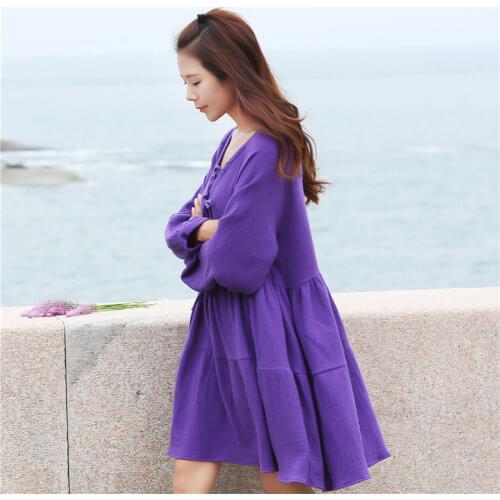 Whole sale women long sleeve cotton linen dress,plus size girl Vintage Dress,purple pink white dress XS-4XL 5XL 6XL
