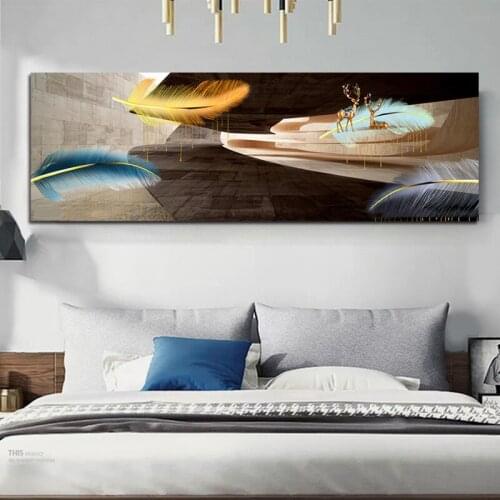 Abstract Golden Feather with Deers Big Size Canvas Painting Modern Posters and Prints Wall Picture for Bedroom Home Decoration