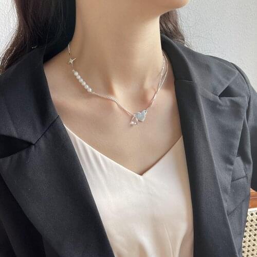 Amaiyllis 925 Sterling Silver Irregular Love Pearl Zircon Shiny Necklace Simple Drop Crystal Necklace Pendnat Jewelry