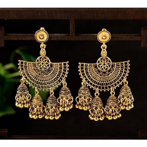 Ethnic Tribe Fashion Women Gold Geometric Jhumka Dangle Earrings Indian Jewelry Ethnic Hollow Hippie Boho Bells Tassel Earrings