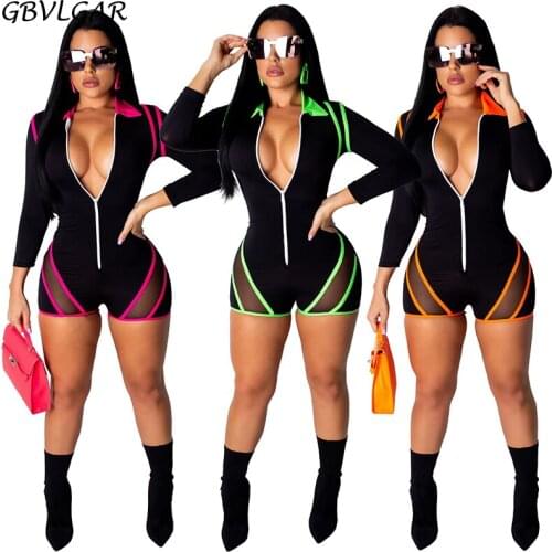 GBVLGAR Fashion Zip Up Striped Workout Romper Plus Size Sexy Neon Green Mesh Patchwork One Piece Short Jumpsuit Women Catsuit