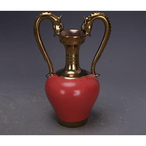 Song Dynasty Ru kiln red glaze gilt double dragon vase