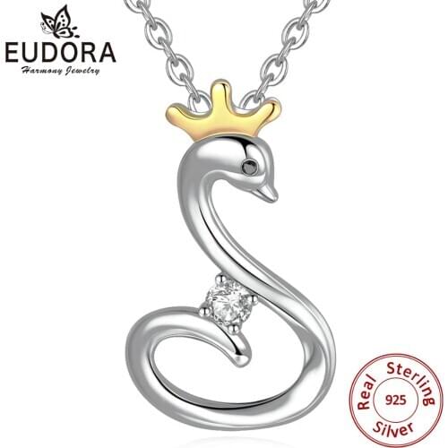 EUDORA 100% 925 Sterling Silver Pure Swan Pendant Necklace with queen Crown Fine Jewelry Birthday Christmas Perfect Gift D270