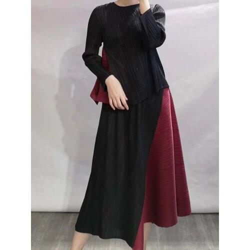 HOT SELLING The new fold long sleeve loose T-shirt + pleated skirt irregular patchwork two-piece outfit IN STOCK