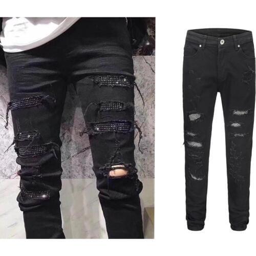 2018 Vintage designer Bottom Side Splash-ink ripped men jeans hip hop Fashion Casual Drawstring Hole jeans Black blue Pants