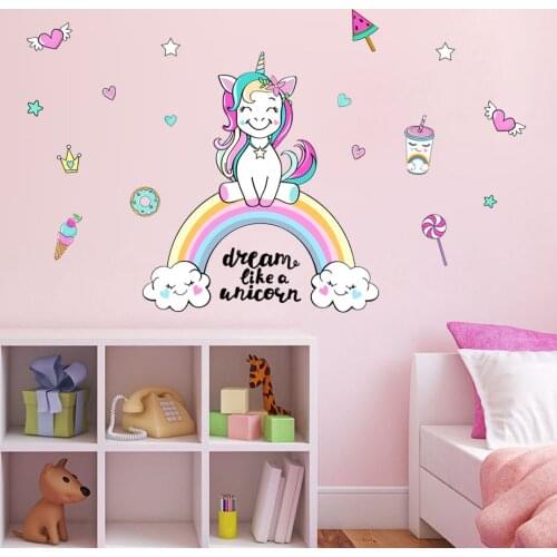 DIY Cartoon Rainbow Unicorn Wall Sticker for Childrens Room Living Room Kindergarten Background Decals Mural Wall Decoration