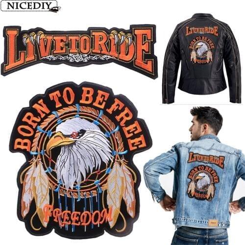 Nicediy Hippie Motorcycle Rider Iron On Patches Eagle Patch Large Embroidered Patches For Clothes Live To Ride Skull Patch Decor