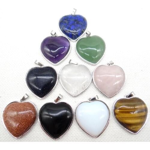 Natural Gem stone Quartz Crystal Romantic Silver Plated Mixed Heart Shape Pendants For DIY Jewelry Making Necklace Charm Gift