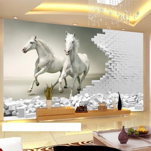 Custom 3D Wall Murals Wallpaper 3D Stereoscopic White Horse Brick Wall Art Mural Living Room Bedroom Background Papel De Parede