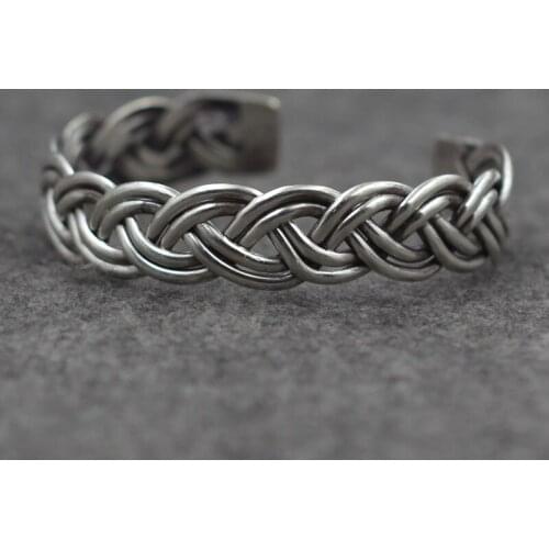 S925 Sterling Silver Jewelry Wholesale Retro Thai Silver Chiang Mai Handmade Silver Open Ended Wide Braid Bangle