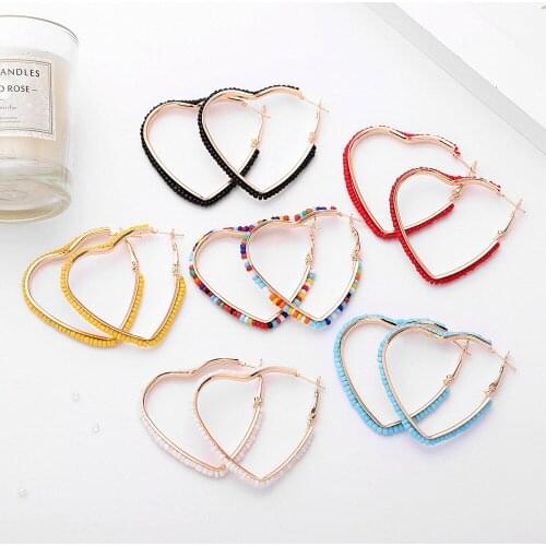 2021 new ethnic boho acrylic beads golden heart hoop earrings for women girl wedding party costume jewelry accessories gift