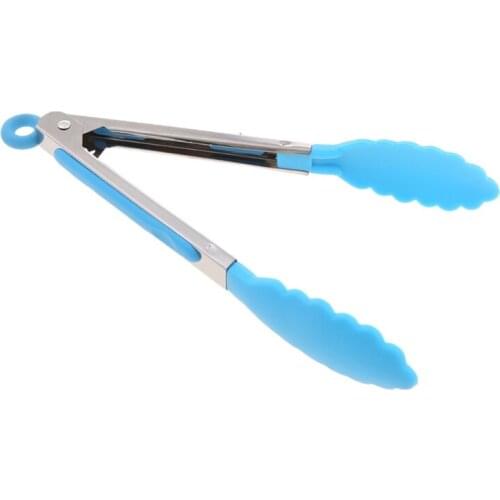 Silicone Kitchen Cooking Salad Serving BBQ Tongs Stainless Steel Handle Utensil P15D