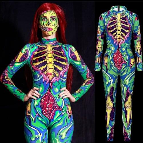 Horror Skeleton Halloween Costumes for Women Adult Zombie Cosplay Green Jumpsuit Scary Sexy Bodysuit Carnival Party 2021 New