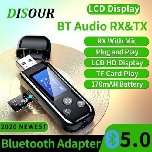 USB Bluetooth 5.0 Audio Adapter Built-in Battery LCD Display Wireless Transmitter Receiver Dongle 3.5MM AUX RCA TF Stereo For TV