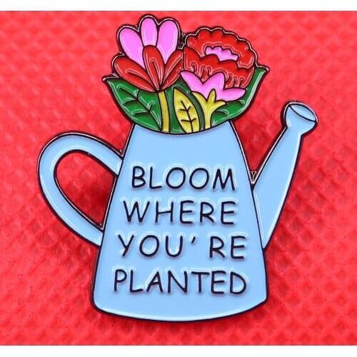 Bloom where you're planted cute enamel pin flower brooches for women bouquet watering can pins feminist gift girl power badge