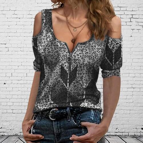 2021 Summer Womens Geometric Print Off Shoulder Zipper T-shirt Casual Slim Tops Retro Geometric Pattern Short Sleeve Tees Tops