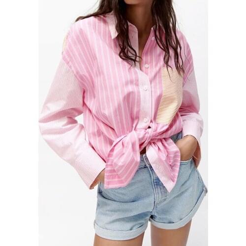 Za Women Shirt Top New Fashion Stitching Striped Lapel Casual Pink Shirts Women 2021 Casual chic Street Youth Female shirts