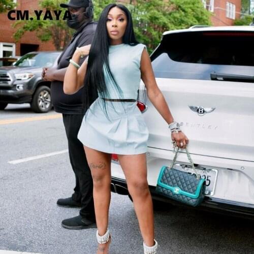 CM.YAYA Women Set Solid Sleeveless Crop Tops Mid Waist Mini A-line Dresses Casual Fashion High Streetwear Summer Outfit 2021