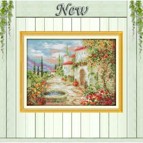 A Beautiful garden Europe Scenic Paintings,Counted Print on Canvas DMC 14CT 11CT DIY Cross Stitch Needlework Kit Embroidery Sets