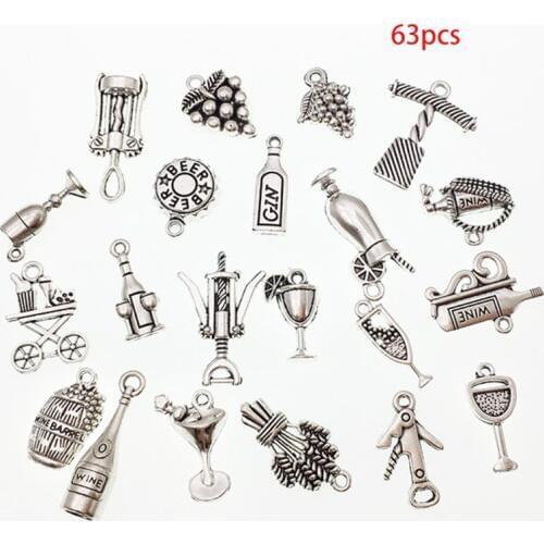 63Pcs Mixed Antique Wine Glass Grape Cocktail Bottle Opener Charms Pendants DIY Jewelry Making Necklace Bracelet Crafts S