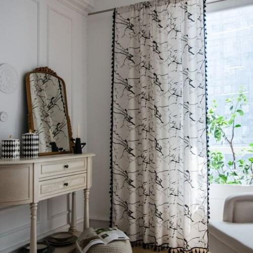 White Marble Printing Cotton And Linen Tassel Bohemian Semi-Shading Style Kitchen Curtain Classic Style Bedroom Window