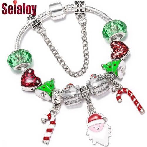 New Santa Claus Red White Striped Crutches Charm Bangle Original Airplane Christmas Tree Love Beads Bracelets For Women Men Gift