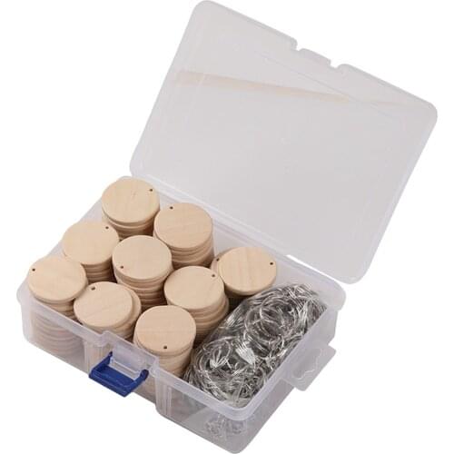 Craft Wood Blanks Keychains DIY Craft Discs Pendants Keyring w/ Storage Box