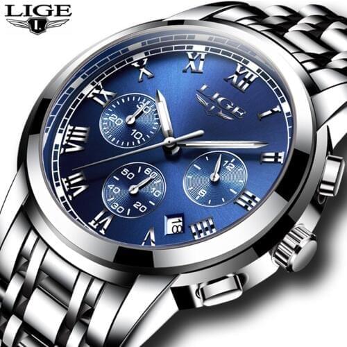 New Watches Men Luxury Brand LIGE Chronograph Men Sports Watches Waterproof Full Steel Quartz Mens Watch Relogio Masculino+Box
