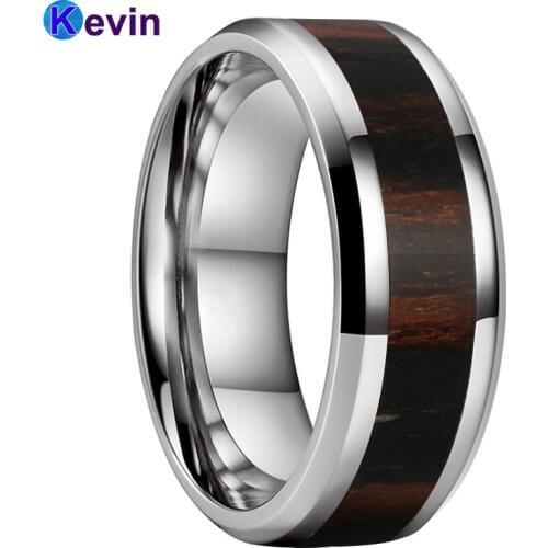 Wood Ring Wedding Band Men Tungsten Carbide Ring With Dark Wood Inlay Beveled Polished Comfort Fit