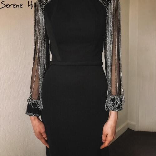 Long Sleeves Black Beading Chain Elegant Mermaid Prom Dresses Crystal Beading Satin Dresses For Prom 2020 SERENE HILL LA6219