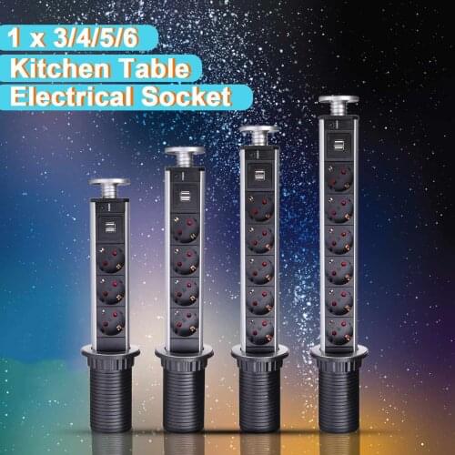 EU Plug 3/4/5/6 power Kitchen Table Electrical Socket Desktop Sockets Power 1 Led+2 charge USB Aluminum Shelf