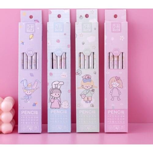Boxed HB cartoon pencil factory straight hair pupils writing log pencil with rubber head exam learning reward supplies