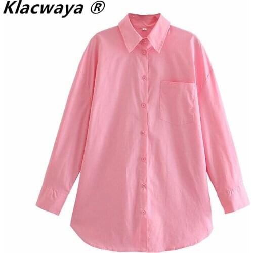 Klacwaya Za Women 2021 Pink Single Breasted Poplin Shirts Office Lady Long Sleeve Blouse Roupas Chic Chemise Tops