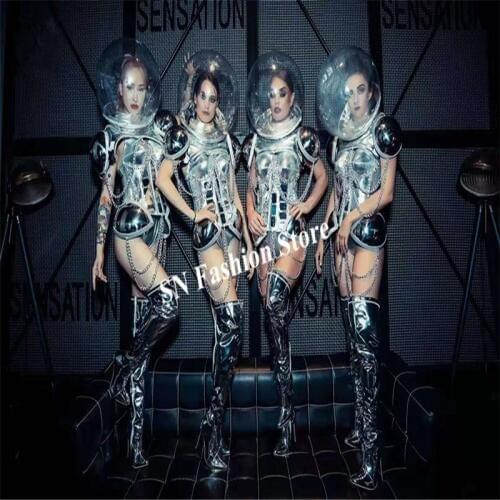 P96 Party ballroom dance stage costume silver mirror robot women suit armor female outfit perform clothe dj dress glass ball bar